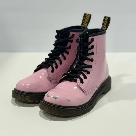 Dr. Martens Kids Pink Leather Boots with Yellow Stitching - Picture 2 of 10